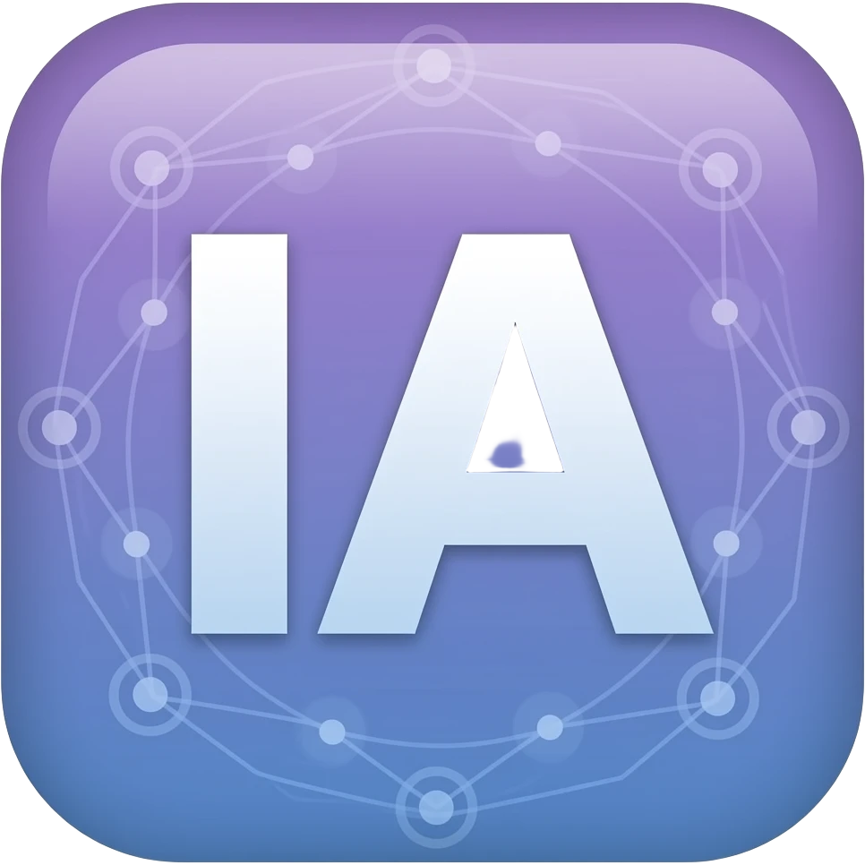Minimalist flat design icon with the letters "IA" in bold, clean typography, surrounded by subtle geometric shapes and connection lines, modern vector style, gradient colors (purple to blue), no extra text, transparent background emoji