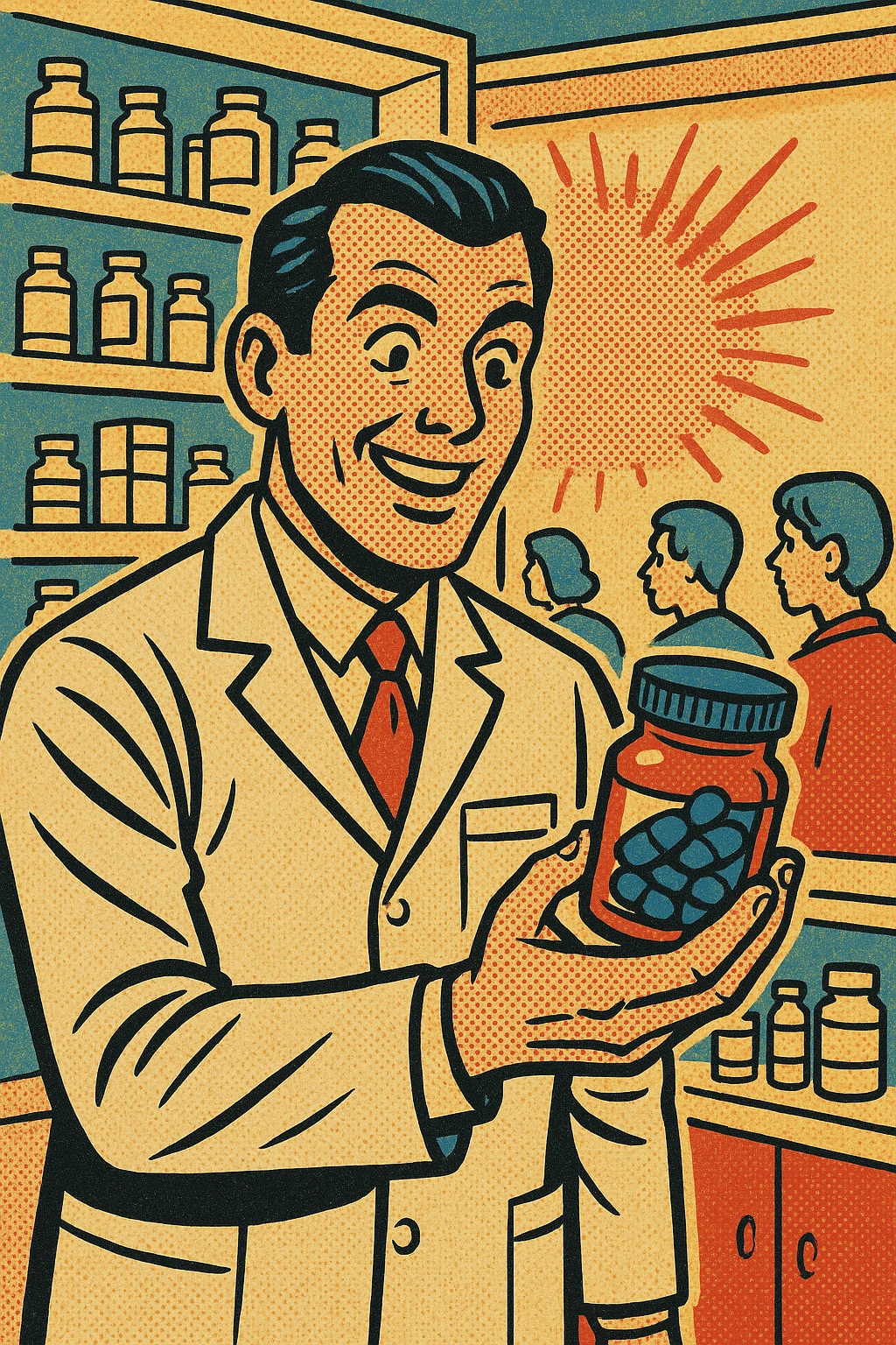 the full body of a A friendly modern day male pharmacist holding a jar of pills of  in his hand. In the background are shelves of other medications in the pharmacy with patients waiting to be served emoji