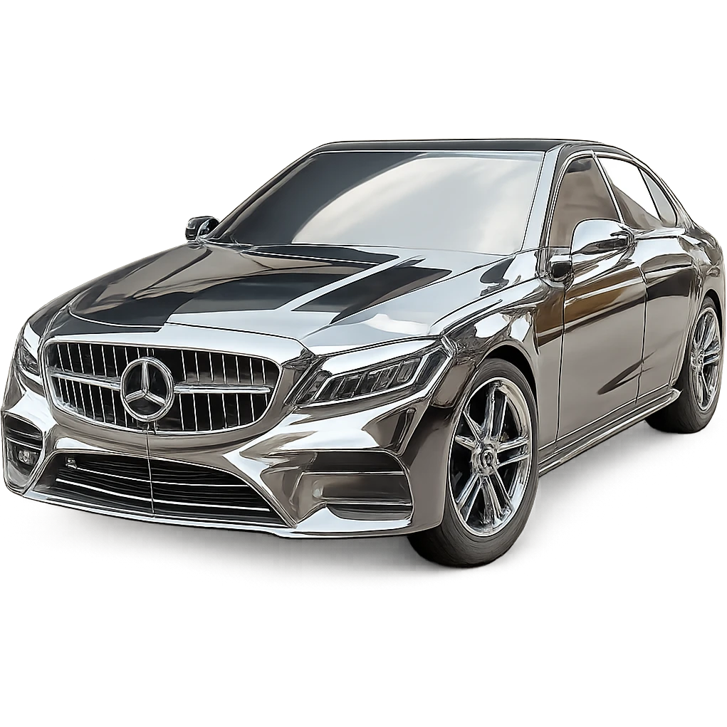 Make the watch chrome, the glasses chrome, and the suit of the Asian man chrome. Also, make the car more visible and chrome as well. Keep the background transparent and all other details the same. emoji