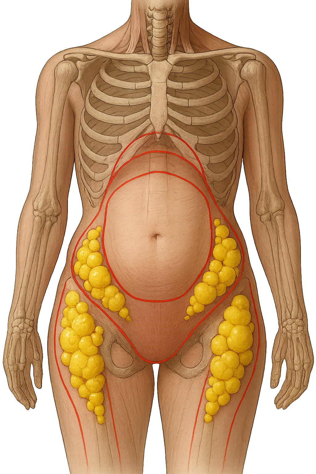 corpo umano anatomico con addome e fianchi segnati in rosso, grappoli di cellule adipose gialle su fianchi e addome emoji