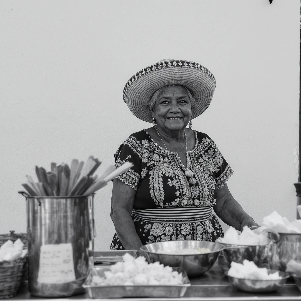 black and white DSLR photography of an old Mexican lady pushing a food cart, warm and friendly expression, traditional dress, vibrant colors, street vendor, detailed, no text emoji