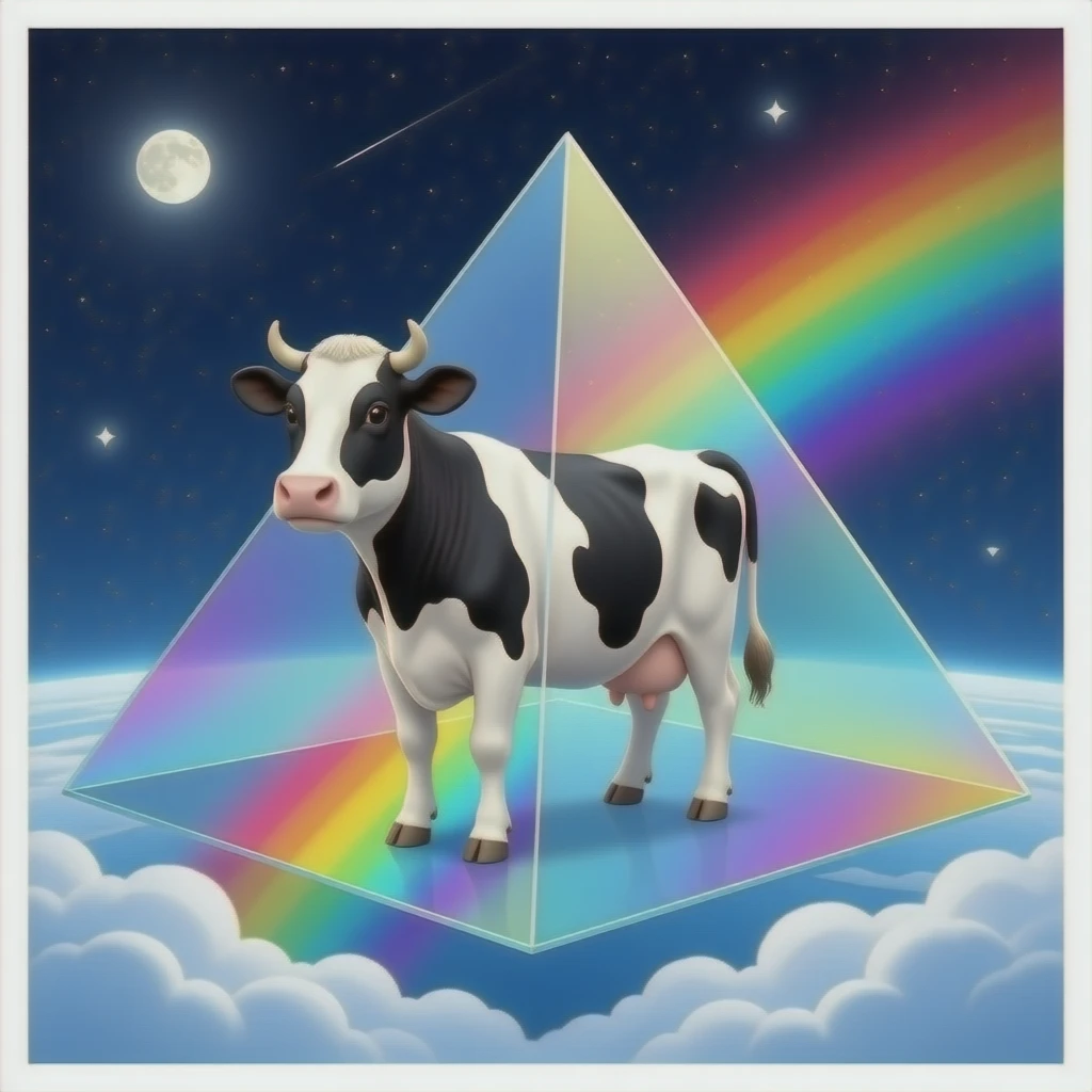a black and white cow stands inside a glass pyramid floating in space and shining with rainbow colors - refraction of light emoji