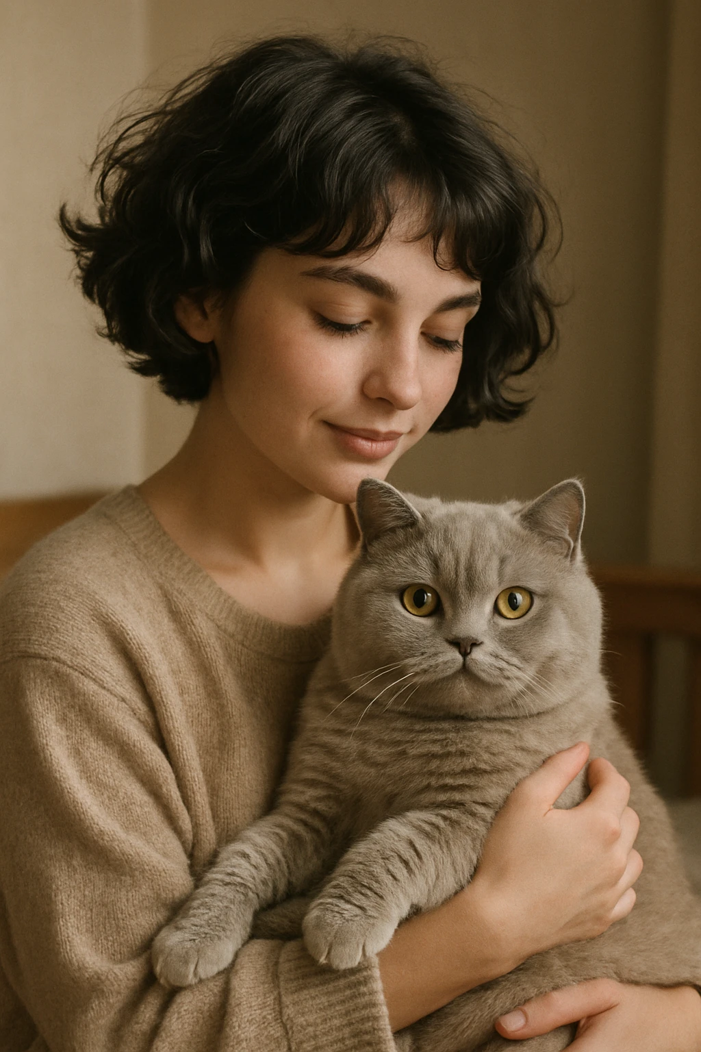 wavy black haired girl with a short haitcut holding a british cat emoji