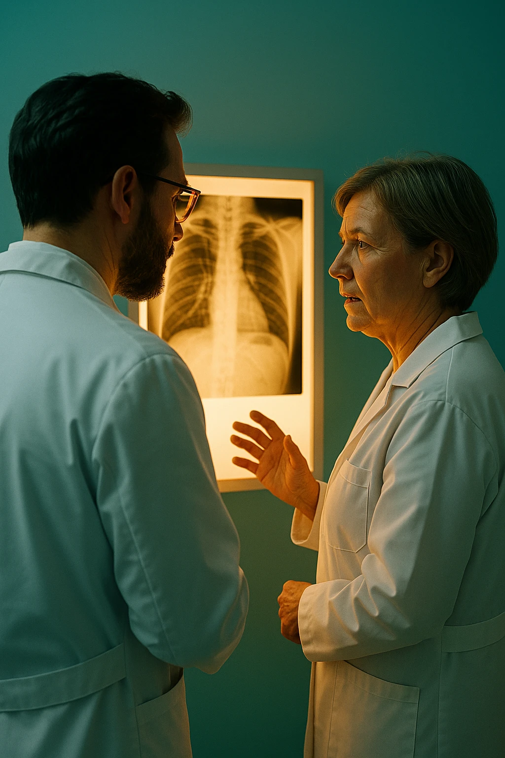Realistic, detailed photo taken from behind of two doctors—a bearded man and a middle-aged woman—standing and facing each other as they discuss a diagnosis in front of a medical chart. The scene is illuminated by a yellowish, orange, warm light that softly envelops the doctors. The entire room is bathed in a single green-blue color, creating a cohesive and modern atmosphere. Both doctors wear white coats, and their body language suggests a serious, professional conversation. Shot with a Canon EOS R5, with high detail and natural depth of field. emoji