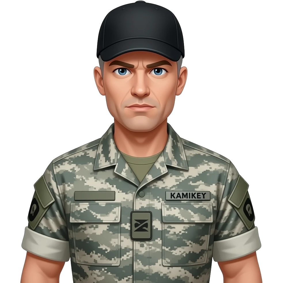 white sergeant character with gray hair. In an urban pattern uniform and hat, army shirt. The character should have an intense expression. full torso and arms emoji