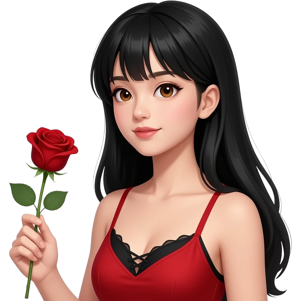 Asian girl with black long hair, pretty brown siren eyes, a red dress, thin strap, with the top of a black bra showing laced, make her look attractive  have her head tilted to the side holding a blood red color rose make her look 15 years old and looking at the rose emoji