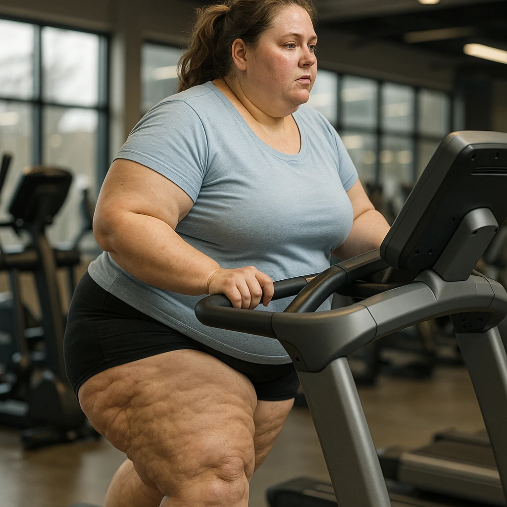overweight woman doing cardio on treadmill, stubborn fat on legs and thighs, hyper realistic 4K style, realistic details, gym background emoji