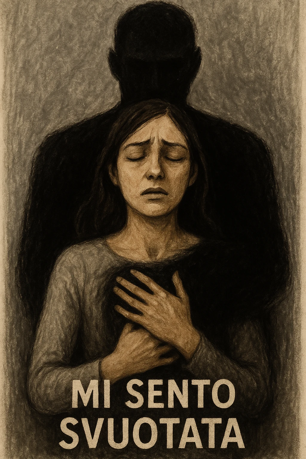 Vertical format: A woman with closed eyes and hands on her chest, a dark shadow enveloping her coming from the man, text in Italian: 'Mi sento svuotata'. emoji