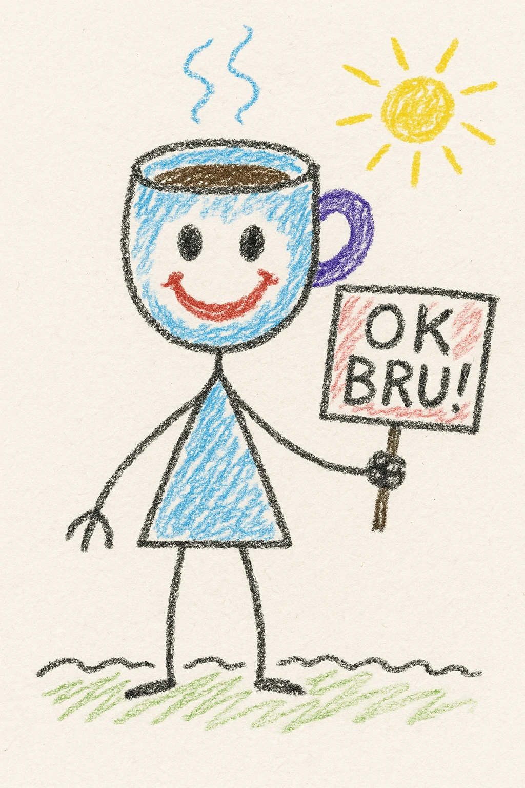 playful coffee man character with a smiling face, holding a sign with 'OK BRU!' meaning 'OK bro', chalky pastel hand-drawn style, dark background, playful children's doodle emoji