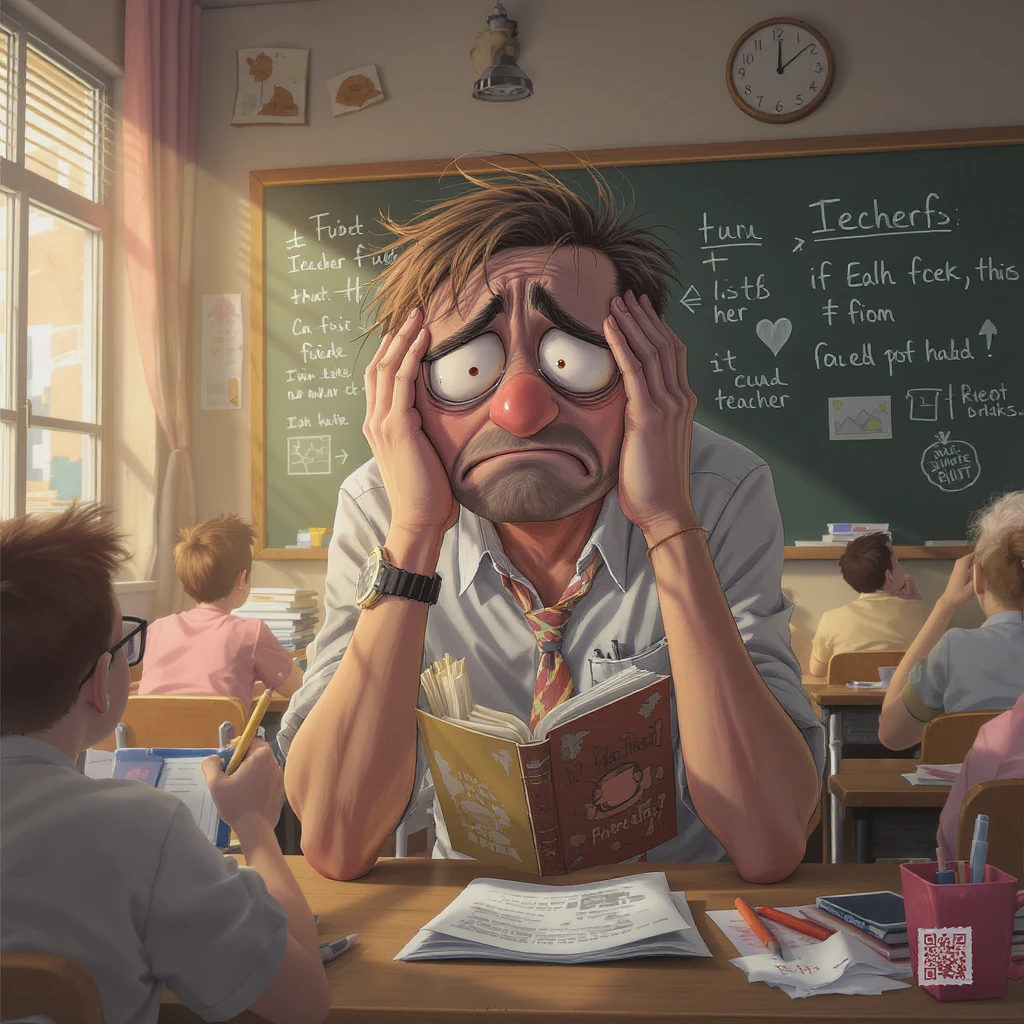 digital cartoon art of a exhausted teacher in a bustling classroom emoji