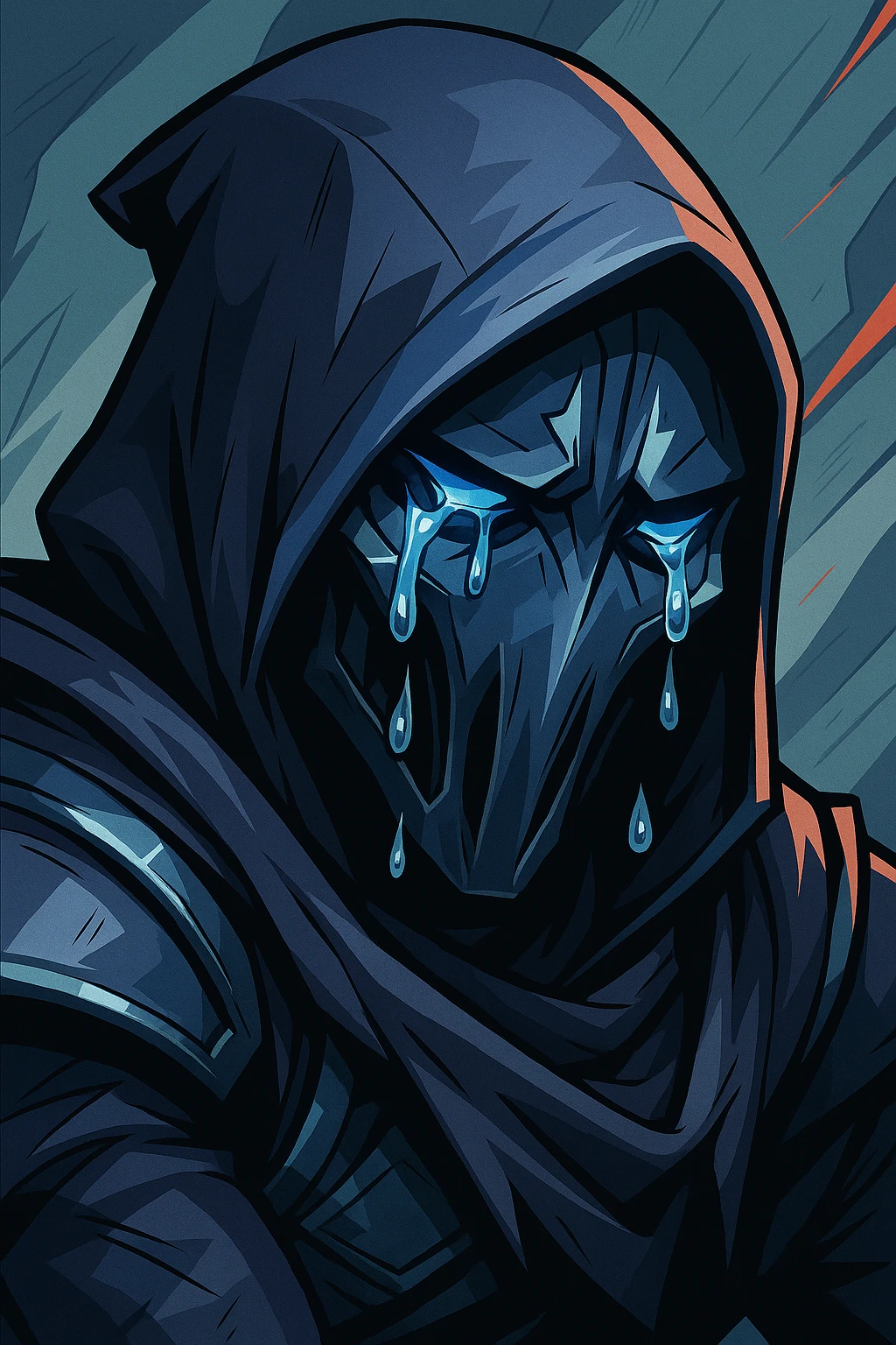 Crying Valorant Omen character, expressive, detailed, focus on teary eyes and mask, iconic Valorant style emoji
