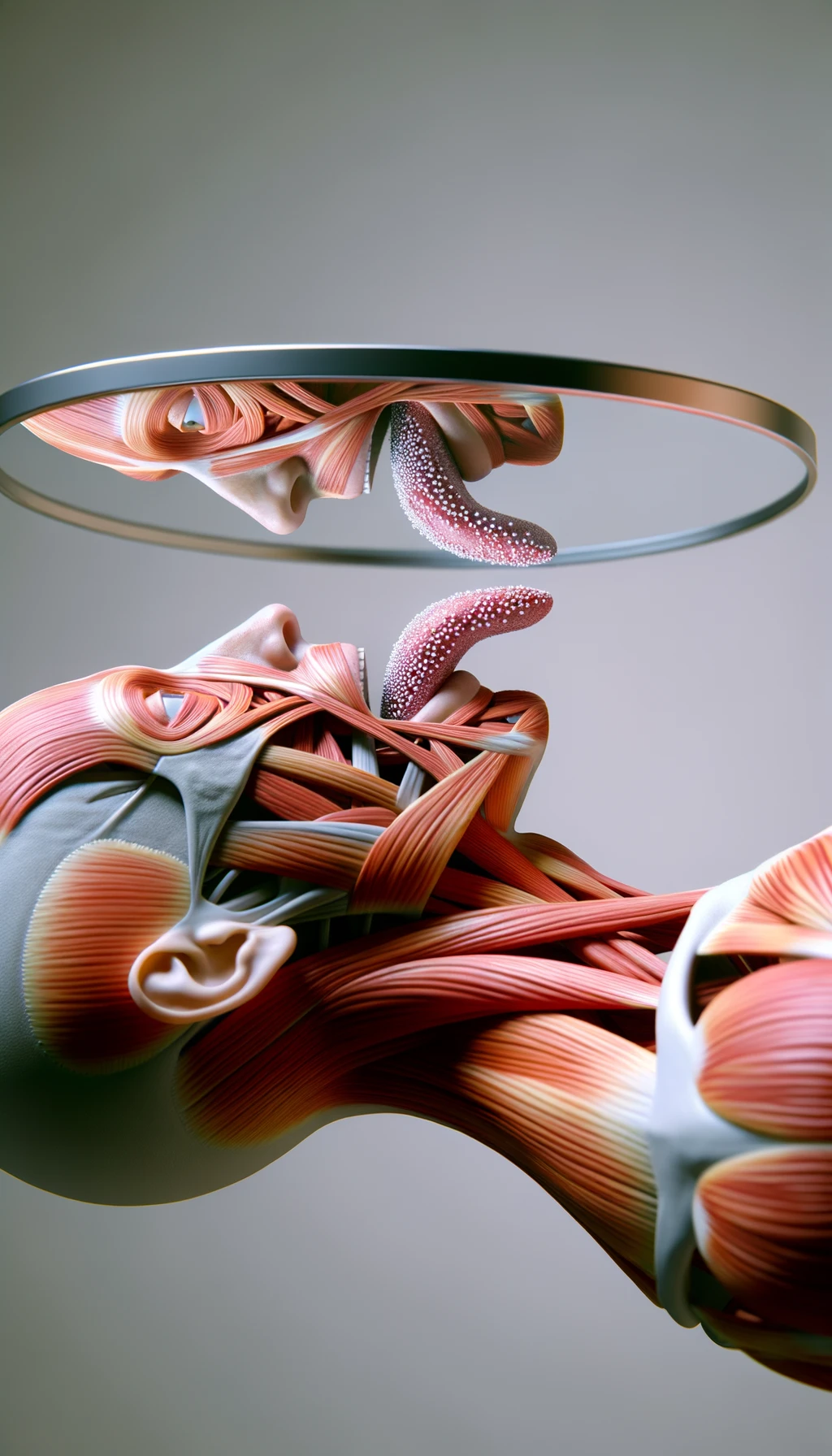CORPO UMANO ANATOMICO IN PIEDI  A FIGURA INTERA CHE SI GUARDA LA LINGUA ALLO SPECCHIO , TIENE LA LINGUA FUORI E LA LINGUA è PIENA DI MACCHIE BIANCASTRE, NEUTRAL CLEAR BACKGROUND, COLORI REALISTICI DEI MUSCOLI, iperrealistico 4k emoji