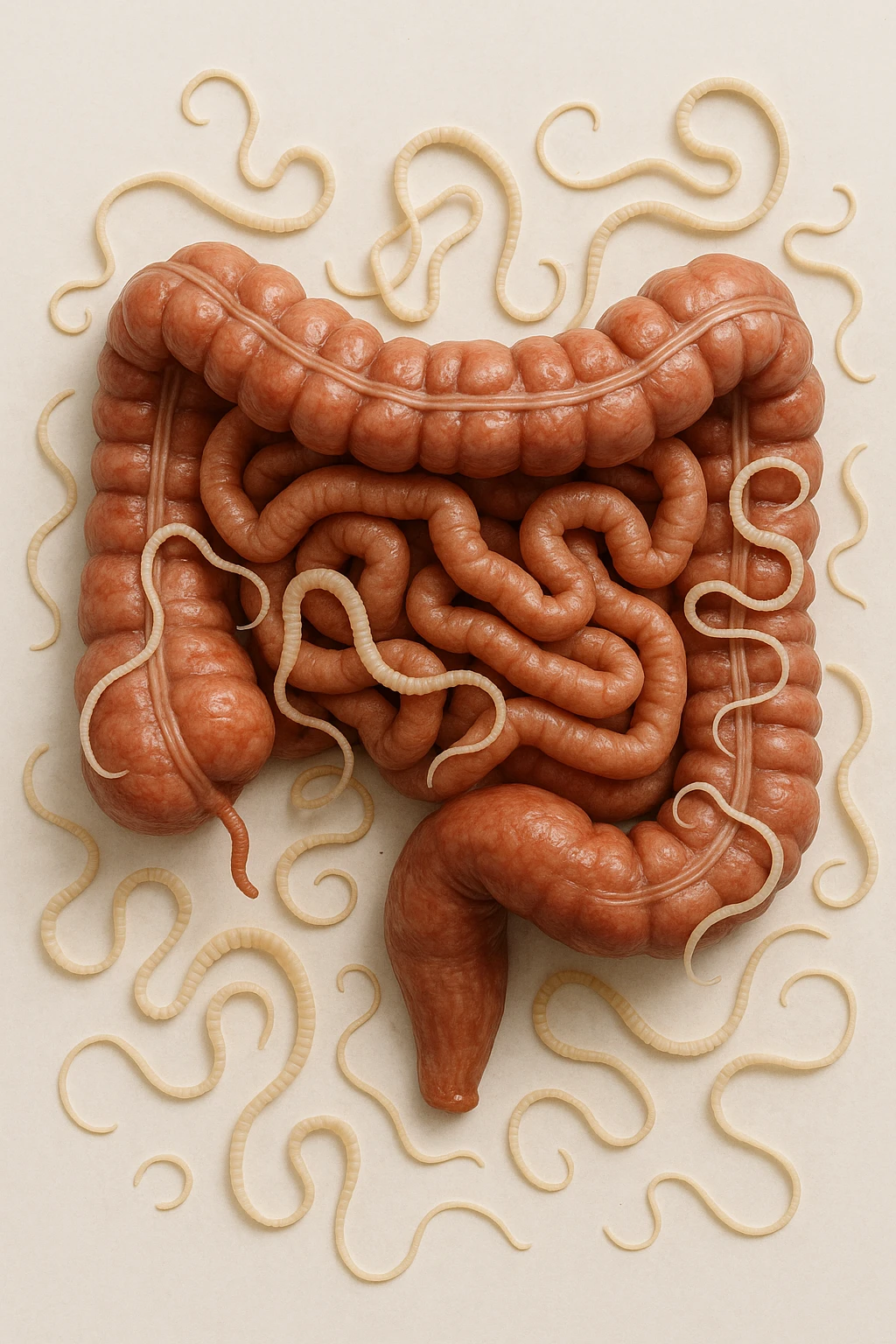 intestino umano anatomico con parassiti tipo la tenia sopra e intorno, sfondo chiaro neutro, iperrealistico 4k emoji