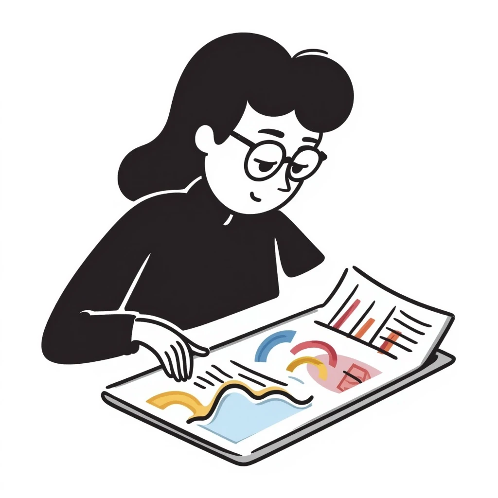 A woman wearing glasses and looking at data, in hand drawn doodle style. emoji