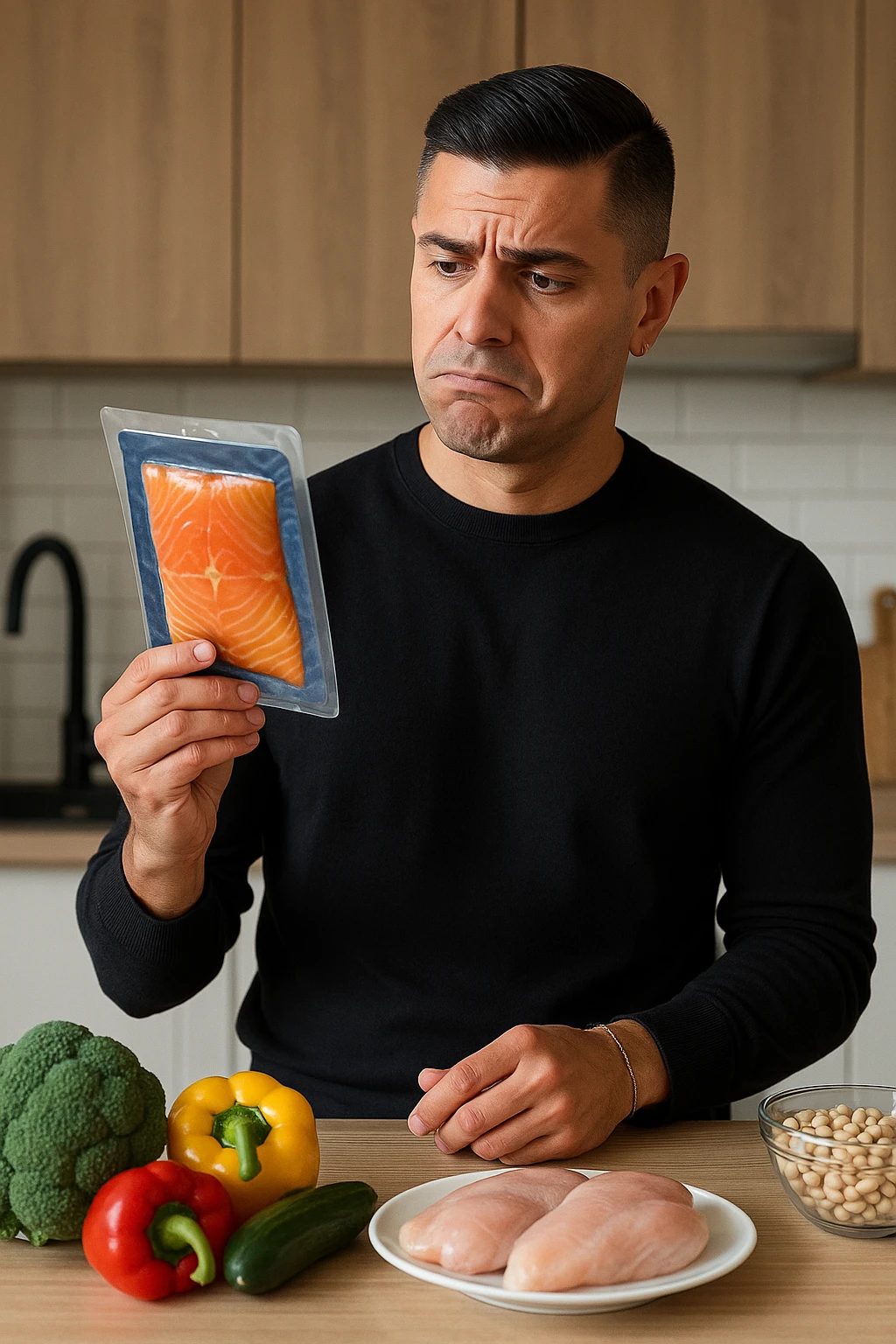a man stands in his kitchen, holding a package of smoked salmon in one hand. He looks at it with a doubtful, slightly disapproving expression—eyebrows raised and lips pressed together. On the counter behind him, fresh vegetables and healthier protein options are visible, emphasizing his awareness of better choices. The mood is reflective and subtly critical. emoji