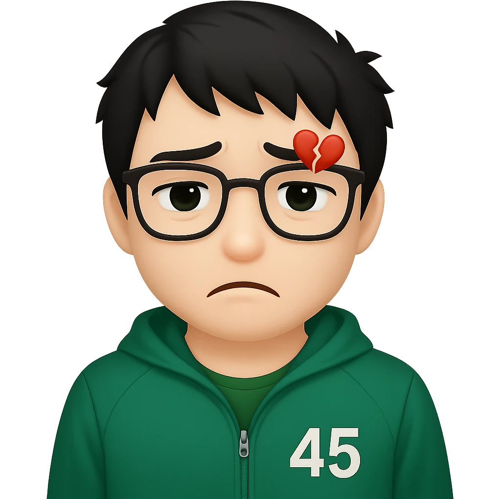 Edit the male character in a green Squid Game tracksuit with the number 456. Remove any cash or banknote from his hand. Make his glasses black. Keep his tired and emotional face with messy black hair, sad eyes, and a subtle heartbroken expression. The style should be cartoon emoji style with no paper or cash visible. emoji