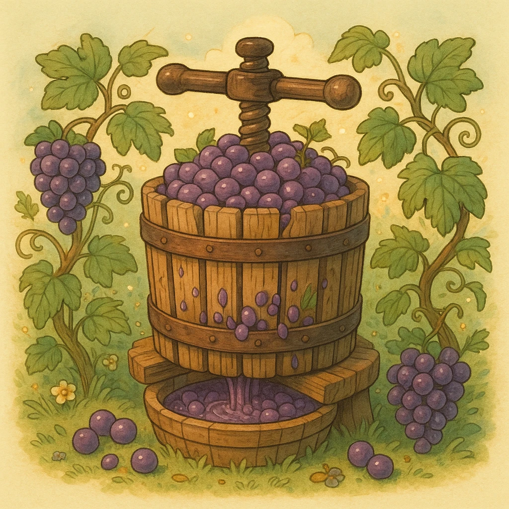 icon representing crushing in wine making process, ghibli style emoji