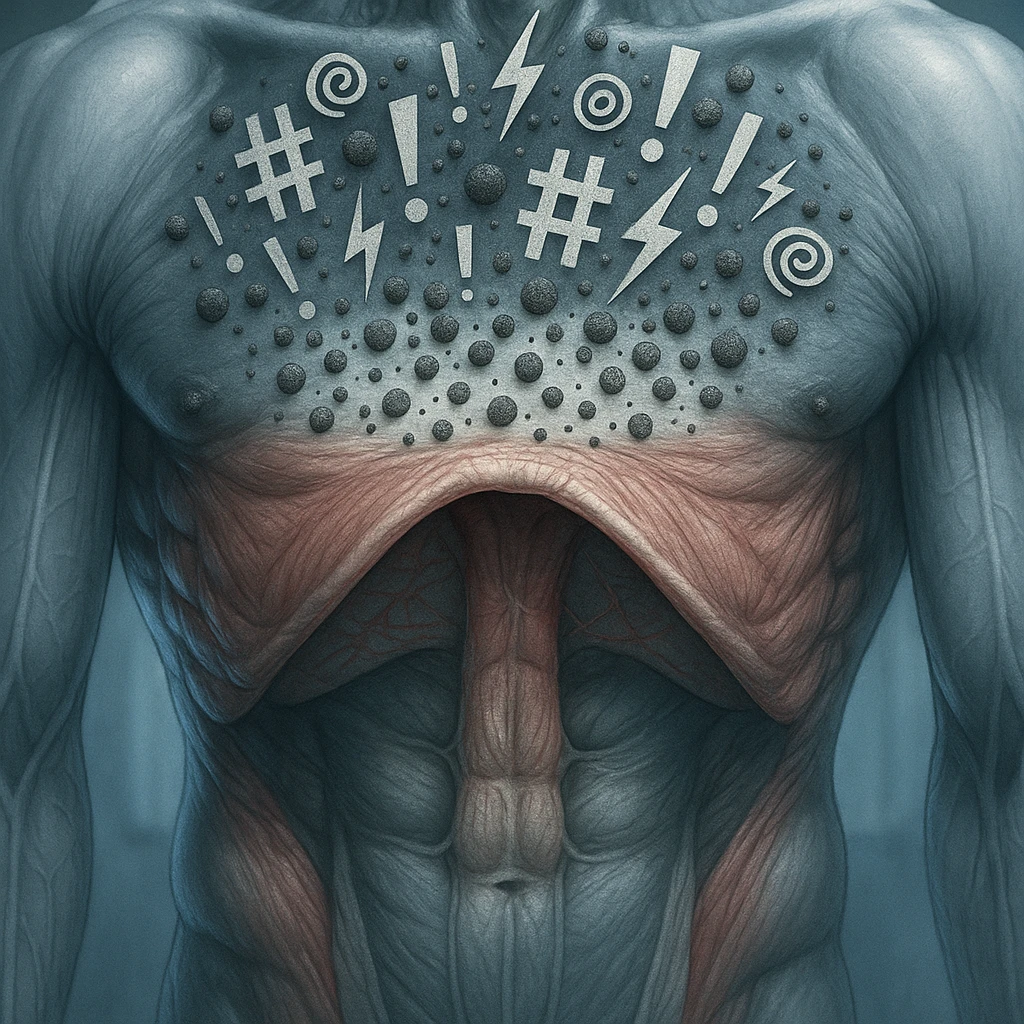 hyper realistic close-up of diaphragm blocking stress particles, anatomical details, tense muscles, stress symbols accumulating above diaphragm, clinical atmosphere, cool tones emoji