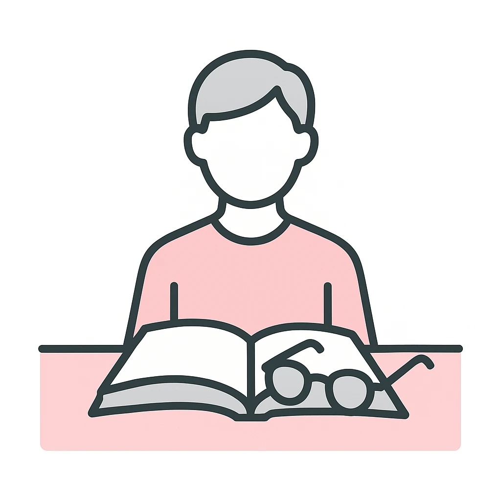 A pink and gray flat illustration of a book open on a table with a pair of glasses. emoji