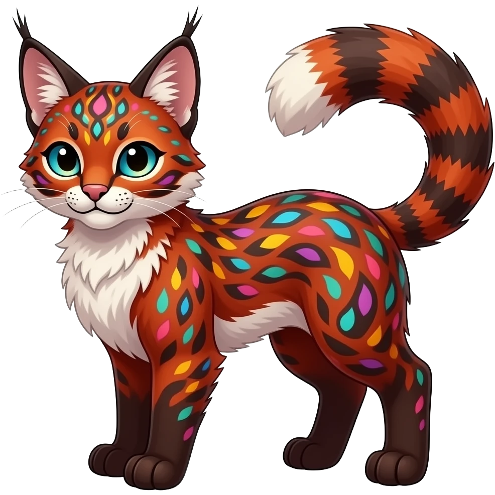 Vibrant-colored red-dark-brownish-furred colorful painted marked patterned Asian glorious divine exotic cute cool beautiful shiny beautiful fantasy-caracal-civet-genet-sergal-vernid-Cacomistle-oncilla-animal-Fakémon-hybrid-fursona (full body) emoji