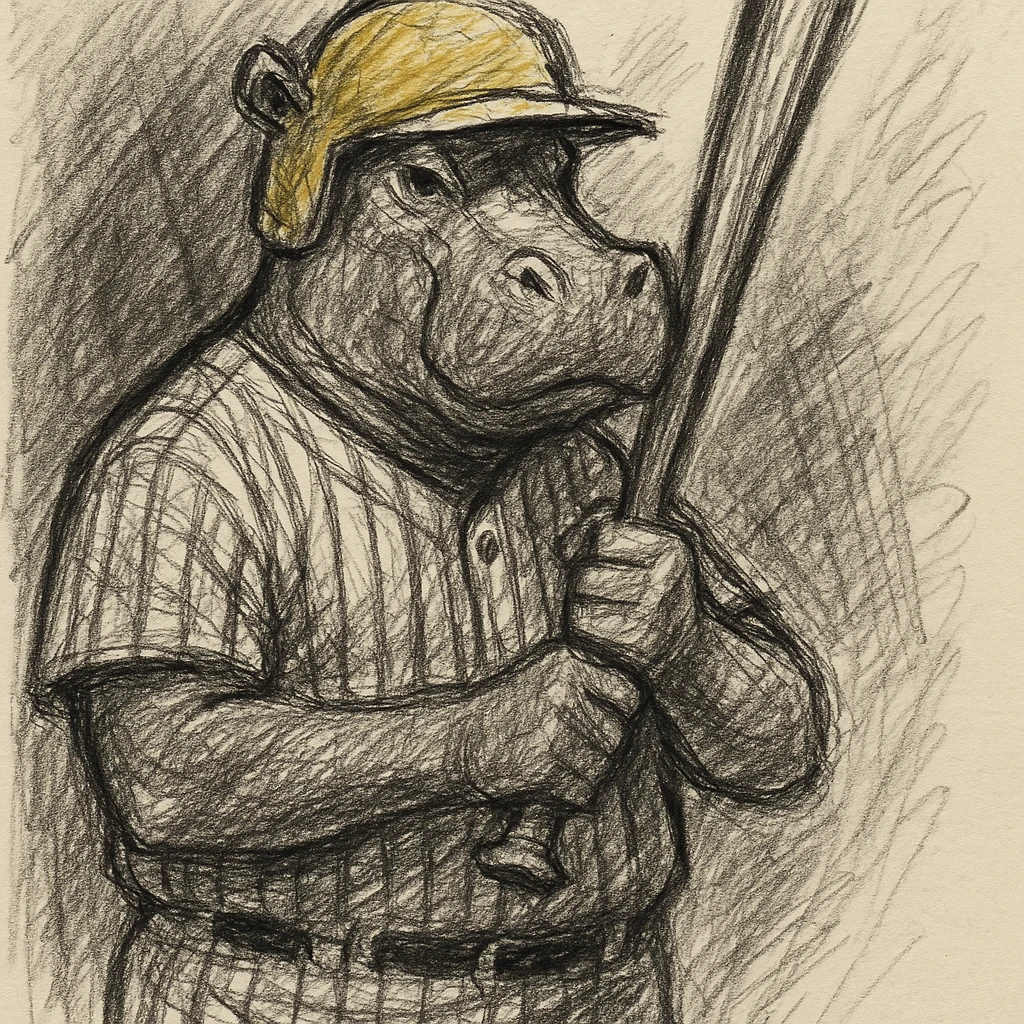 hippo holding a baseball bat, wearing a yellow helmet, pinstripes outfit emoji
