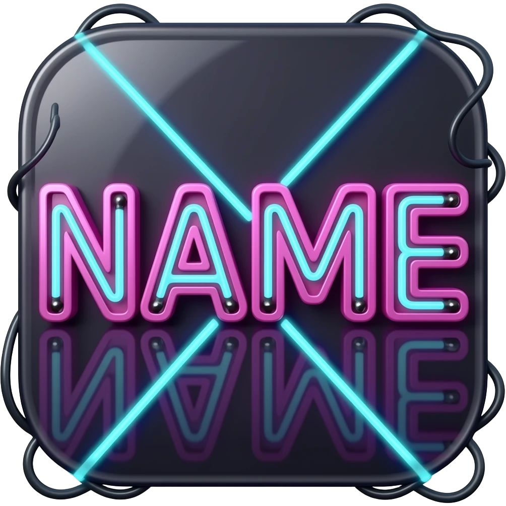 The word 'NAME' in futuristic block letters, glowing magenta and cyan neon tubes. Dark background with light trails, hyper-detailed, synthwave style emoji