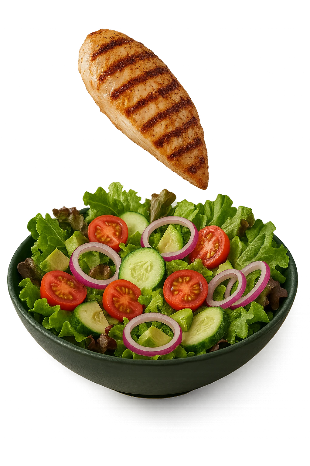 INSALATA CON PETTO DI POLLO GRIGLIATO CHE CADE DALL'ALTO, IPERREALISTICO 4K emoji