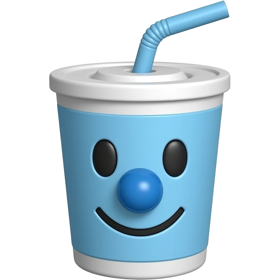 3D emoji fincan, pasifik mavisi renk paleti, büyük yuvarlak mavi burun, fincanın içinde kısa düz pipet, 1930'ların çizgi film estetiği, parlak porselen dokusu, beyaz arka plan, yüksek çözünürlüklü render emoji