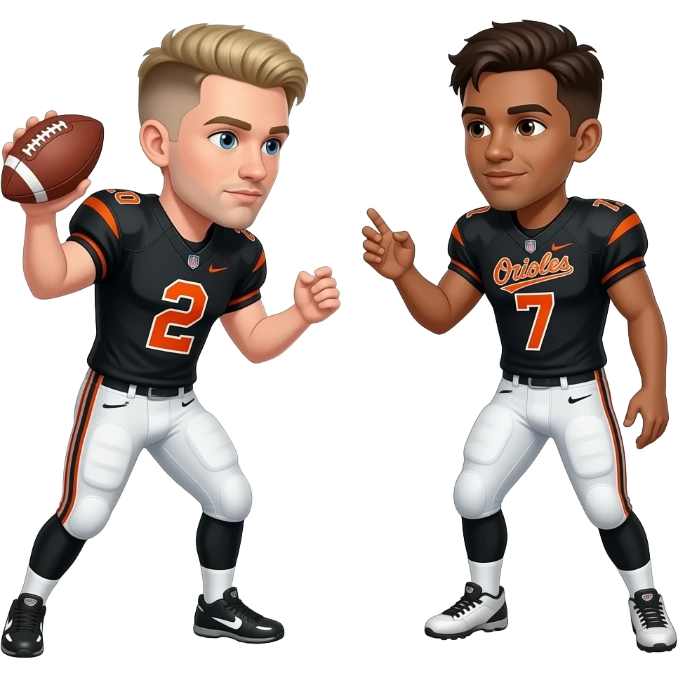 make a white 22 year old with a dirty blonde low taper fade wearing a football jersey with the number 2 throwing a football to a brown 22 year old wearing a football jersey and the jerseys are black with the number 7 and the jersey says orioles in orange emoji