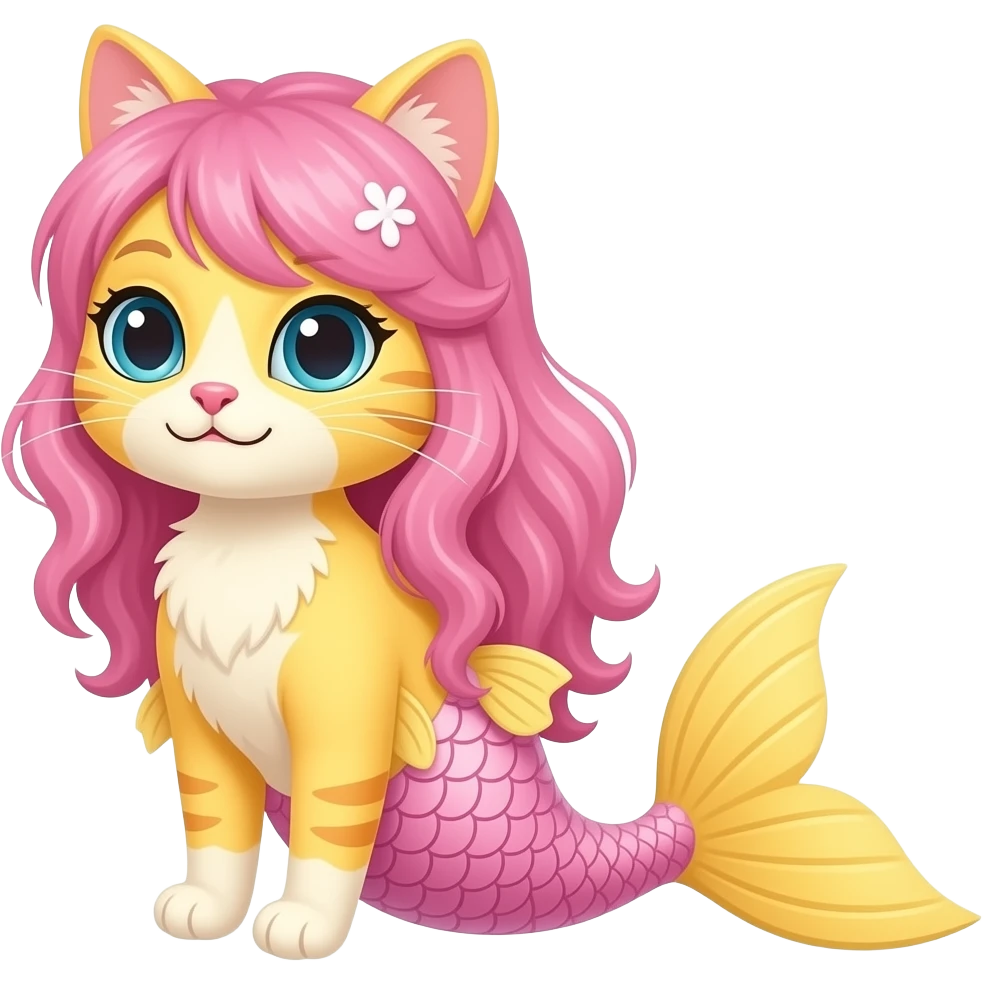 Yellow mermaid cat  with  pink hair long light pink fins and yellow tail emoji