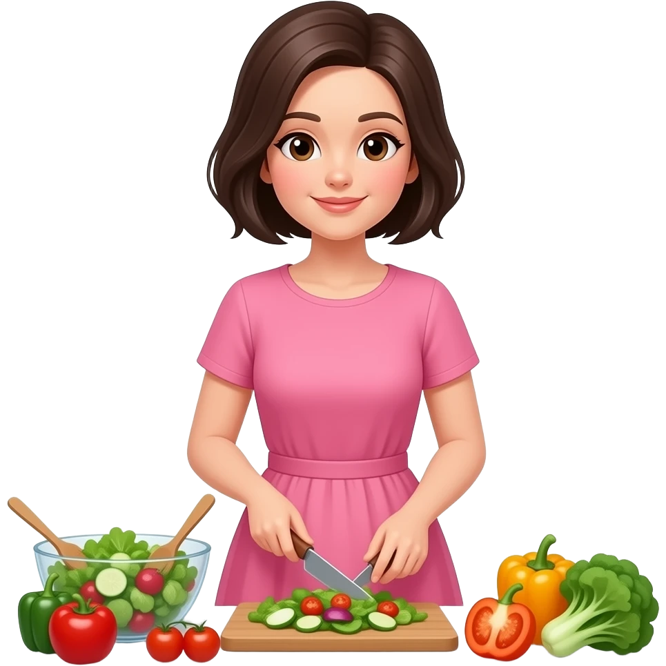 mujer de cabello oscuro y corto, con ojos color cafe, con vestido color rosa, haciendo el almuerzo una ensalada de vegetales emoji