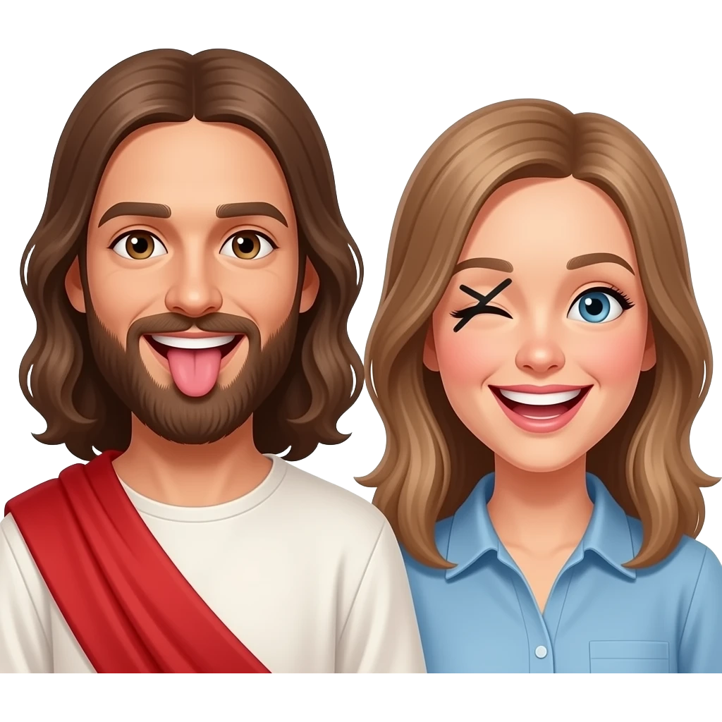 Jesus and a modern day woman with light brown hair making crossing their eyes and laughing with their tongue sticking out emoji