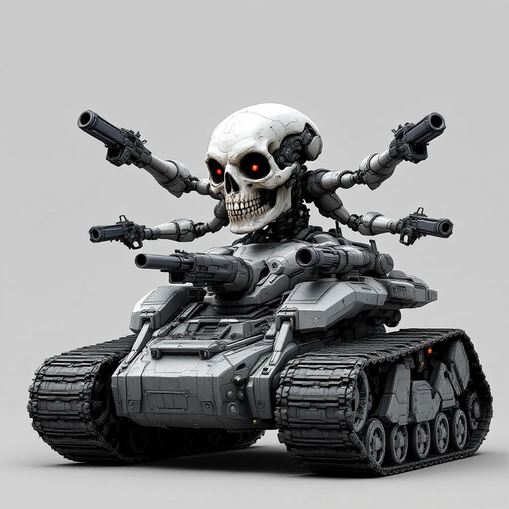 Render this exact image as a sci-fi skull tank: humanoid upper body with four arms and guns, head out in front, mounted at the back of a bulky tank chassis with realistic treads, aggressive pose, matching the anatomy and composition exactly as shown in the reference image, in Flux Pro style. emoji