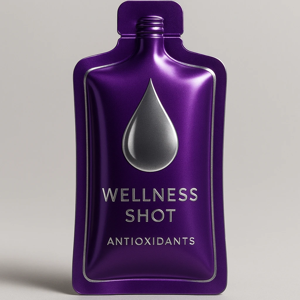 A sleek purple pouch with metallic silver details and a droplet symbol, styled as a luxury wellness shot for antioxidants, inspired by VELOVITA® RESERVE. emoji