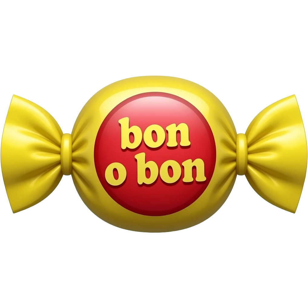 Minimalist emoji-style illustration of a classic candy ‘Bon o Bon’. Centered composition, clean vector style, soft shading. The candy is wrapped in a bright yellow twisted wrapper on both ends, with a glossy red circular label in the center that clearly reads ‘bon o bon’ in lowercase yellow letters. emoji