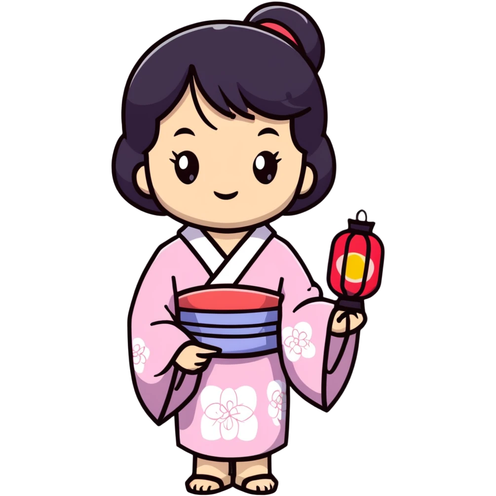 Cute Japanese high school girl in yukata at school summer festival with paper lanterns emoji