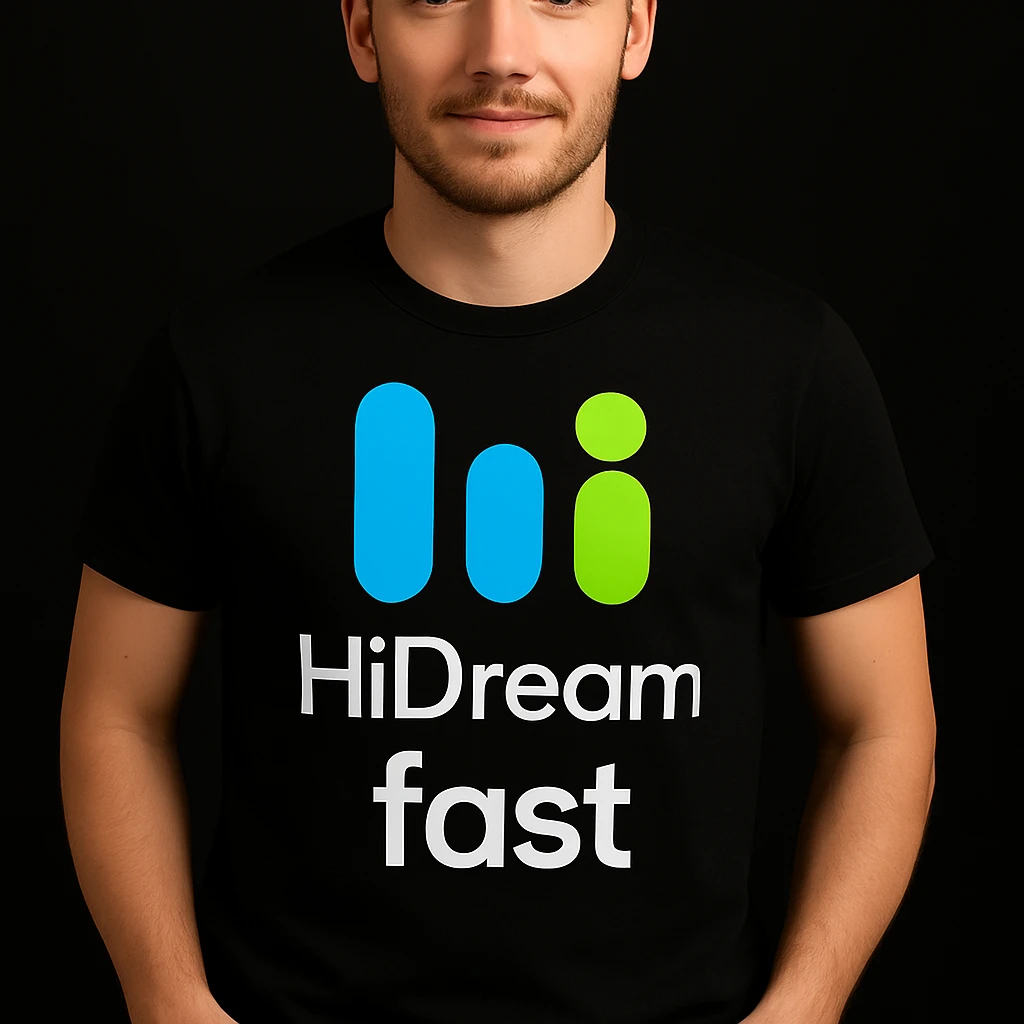 man wearing tshirt with this logo, dark night background with dim , add fast below logo emoji