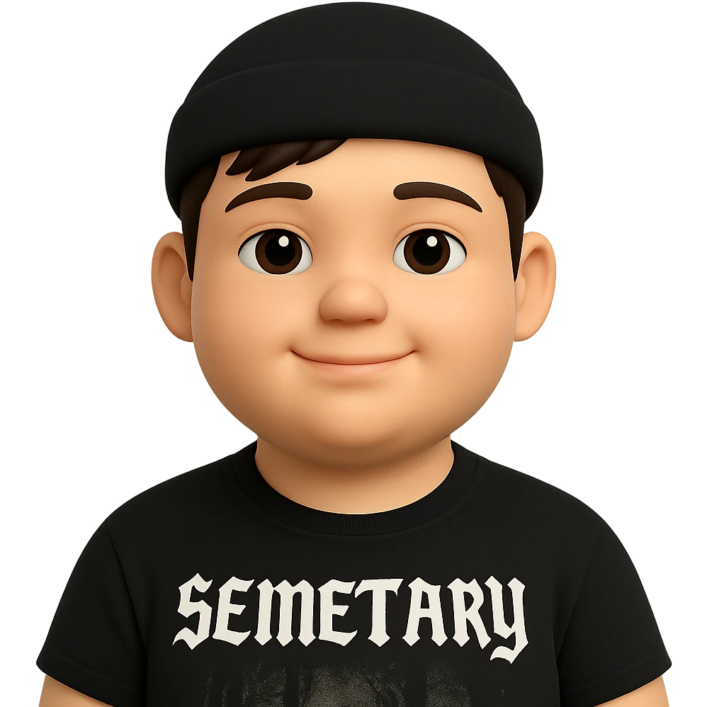 Make the chubby man look younger and have him wear Semetary merch. The original style is 3D emoji style, which does not support editing, so use the general style editor while respecting the 3D emoji style look. emoji