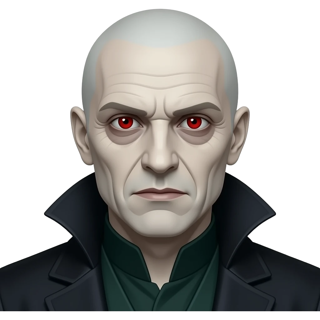 Lord Voldemort emoji, Apple style, clean 3D, soft gradients, pale bald man, slit nose, red eyes, cold expression, minimal icon, centered, white background, high detail emoji