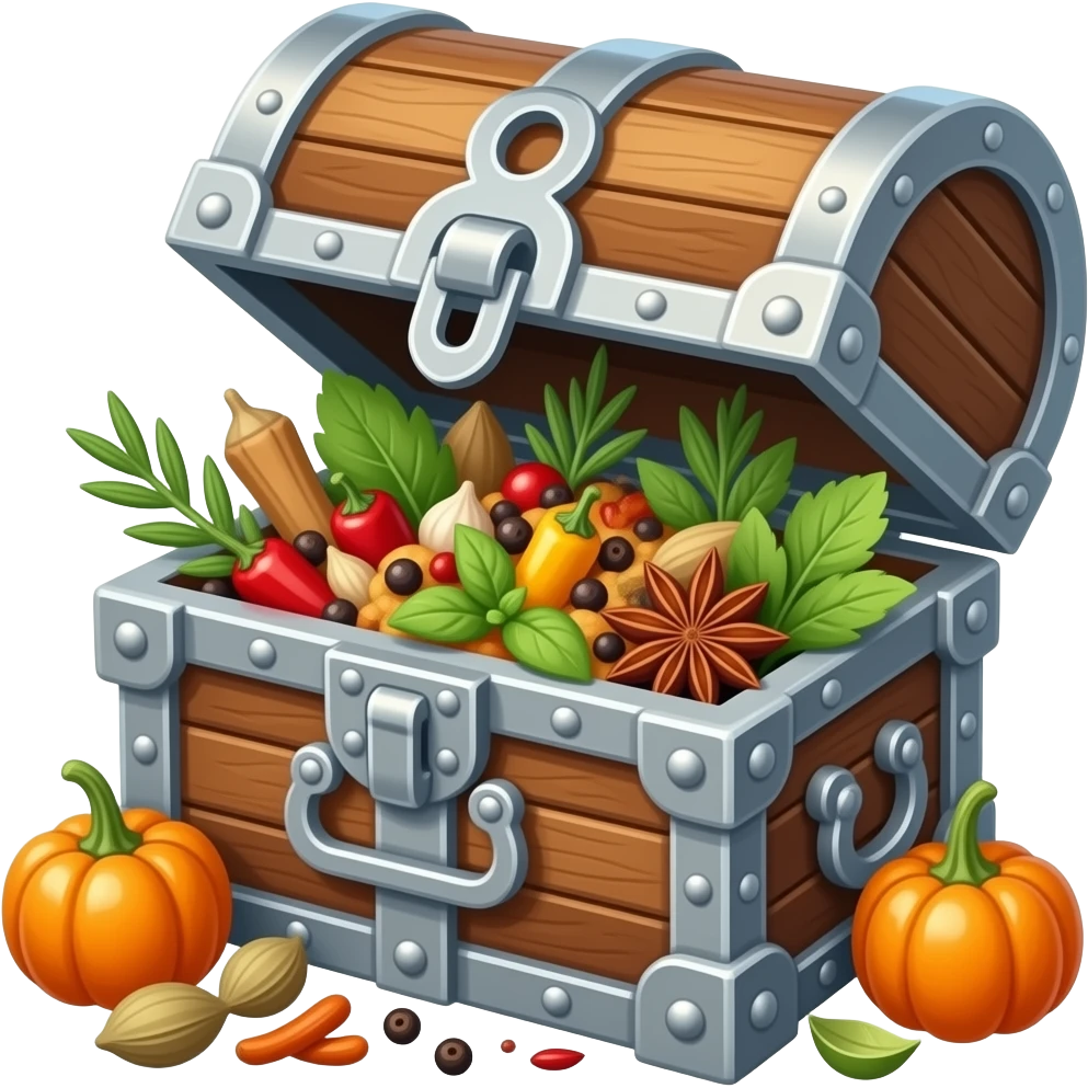 Пустой от сокровищ сундук фронтально с яркими специями и пряностями, от которых буквально поднимается аромат emoji