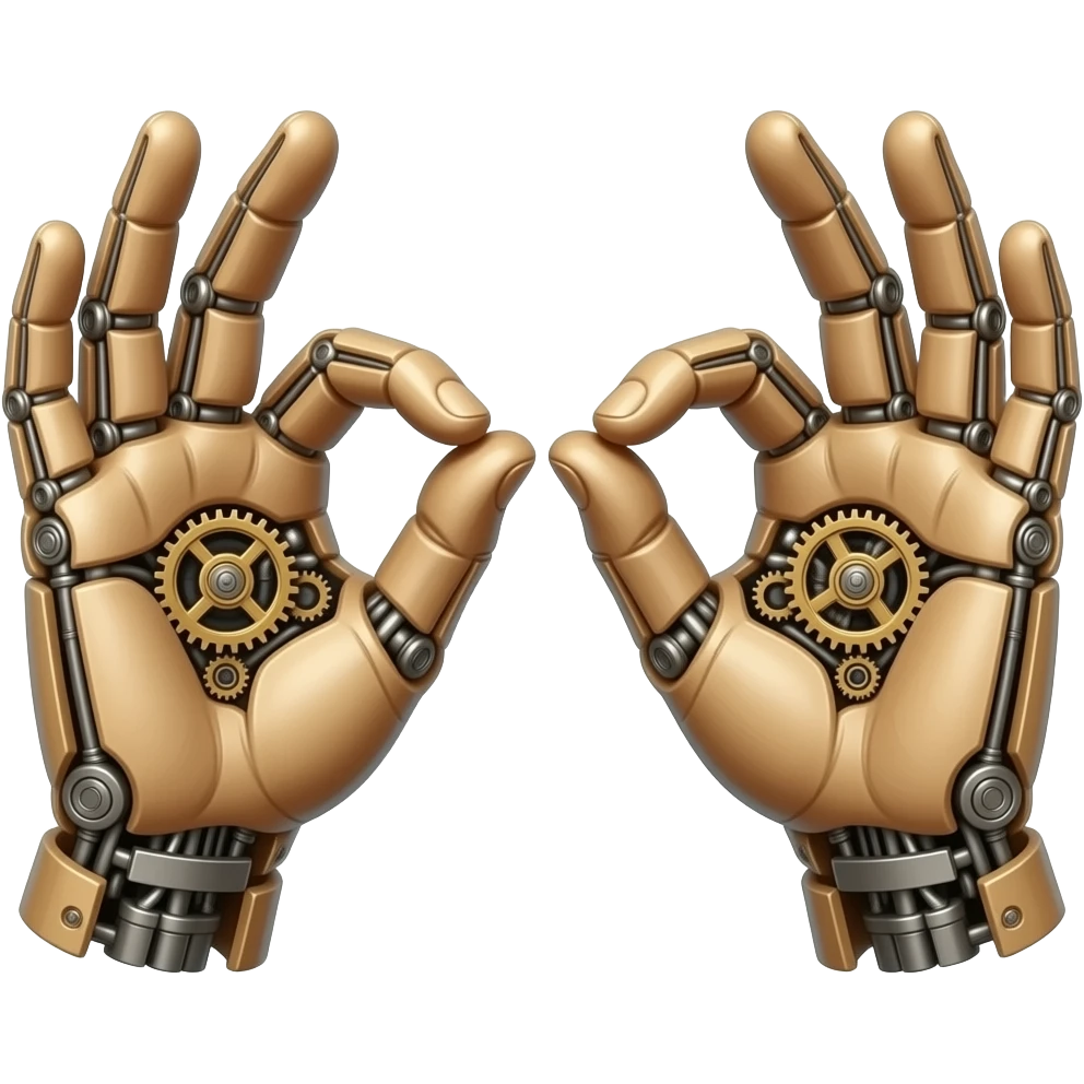 synthwave  - the touch of the fingers of two palms as in Michelangelo's painting in the Sistine Chapel, but mechanically constructed emoji