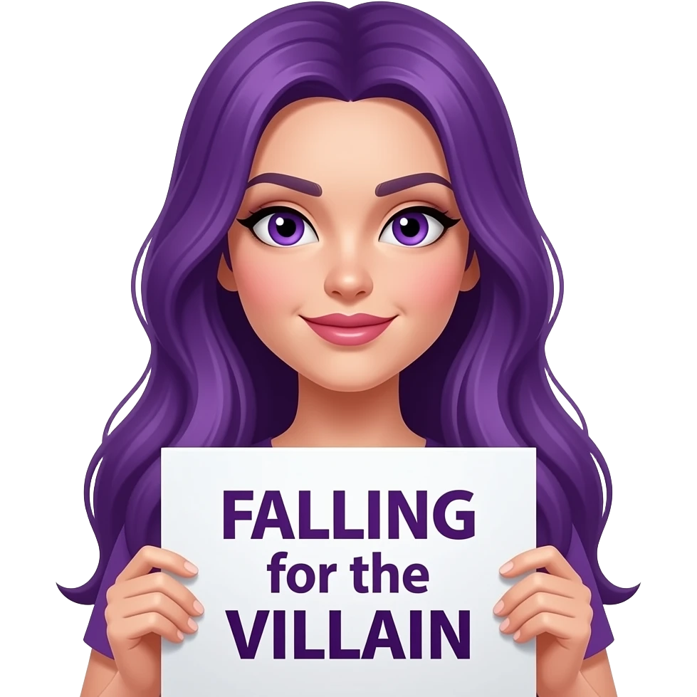 sexy girl with long purple hair and purple eyes holding a FALLING for the VILLAIN sign emoji