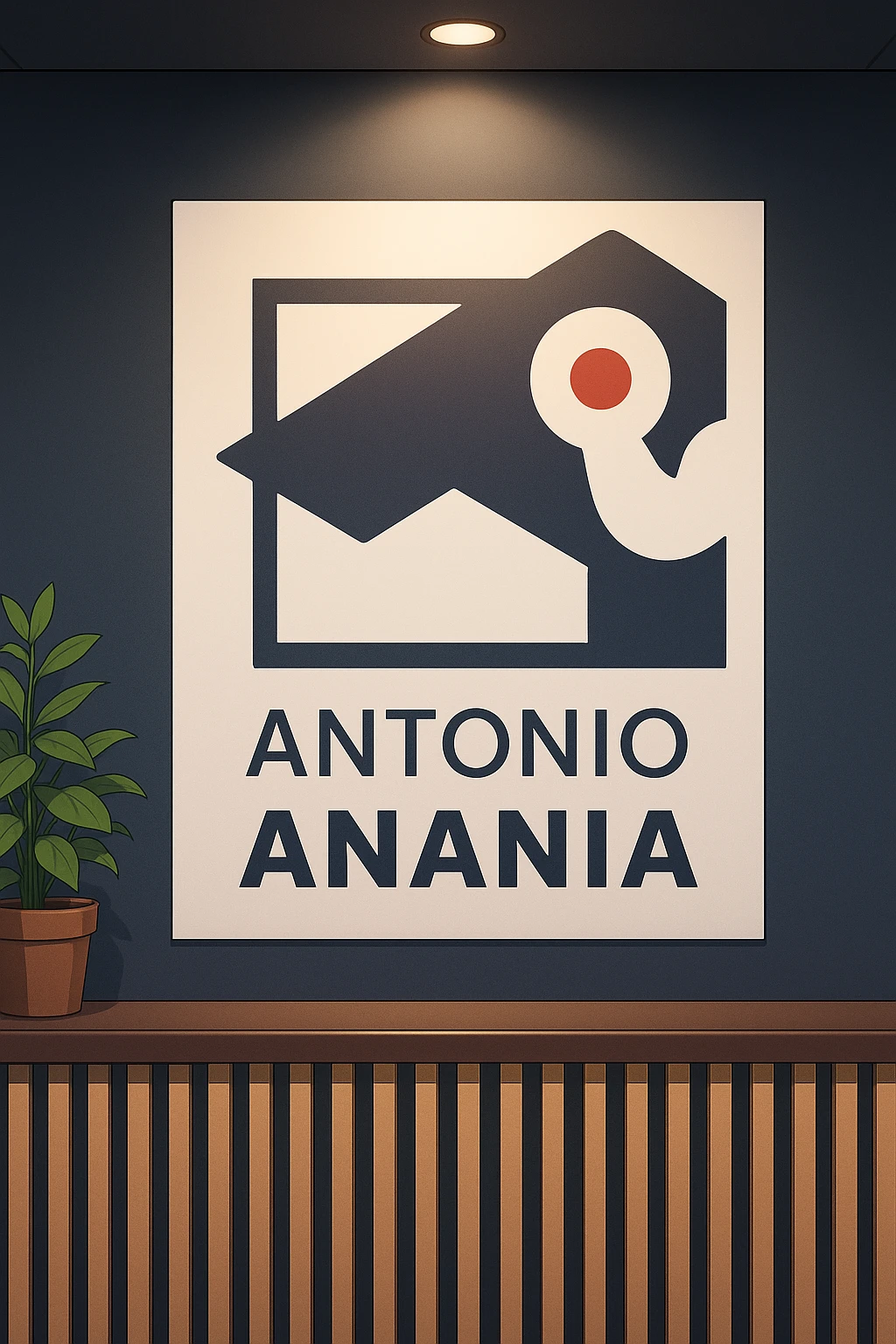 su questo stile fai un manga/webtoon a colori in cui mostri quella parete dietro dello studio con il suo logo e la scritta "ANTONIO ANANIA" SOTTO IL LOGO, LUCE CHE ILLUMINA IL LOGO emoji