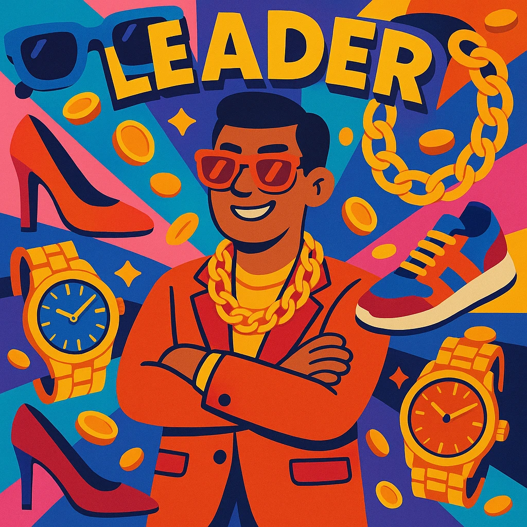 A confident leader standing surrounded by luxury items: designer shoes, sunglasses, gold chains, and expensive watches, visually rich and detailed, vibrant colorful style emoji