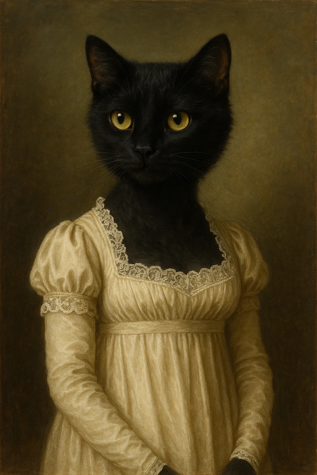 black cat wearing elegant Regency-era attire inspired by Pride and Prejudice, refined and classic look emoji