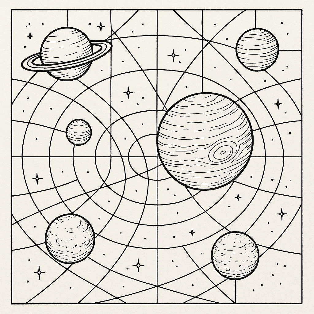 a design for an decorative black and white map, showing linework of galactic planets and a galactic ley lines. matrix map. black linework. neat and minimal design

 emoji