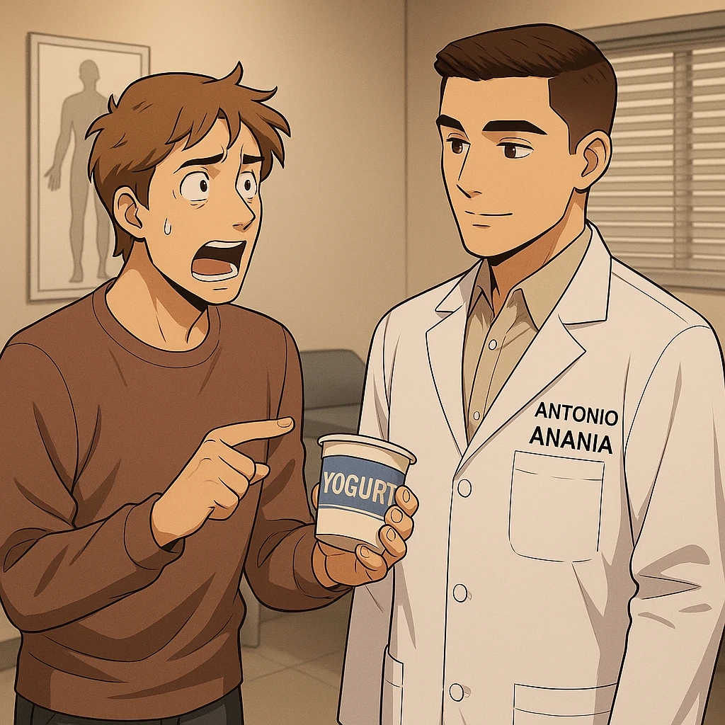 fai un webtoon manga a colori con questo stile, in cui un uomo chiede al kinesiologo con il camice bianco (fagli anche la scritta "ANTONIO ANANIA" SUL CAMICE, una domanda e il kinesiologo gli risponde, L'UOMO INDICA LO YOGURT CHE HA IN MANO ED è MOLTO ALLARMATO NEL FARE LA DOMANDA. non fare i fumetti però, fai solo in modo che sembri stiano parlando emoji