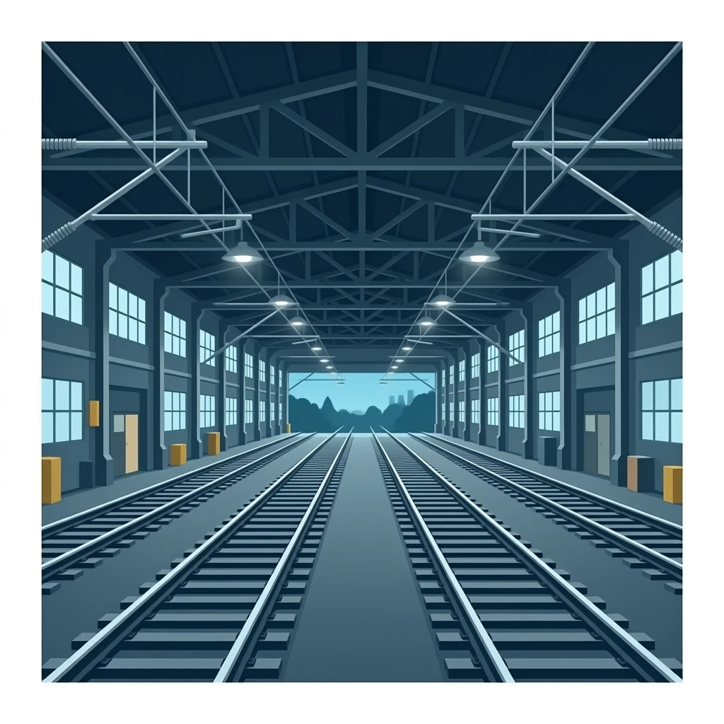 inside a train maintence depot, multiple tracks no trains emoji