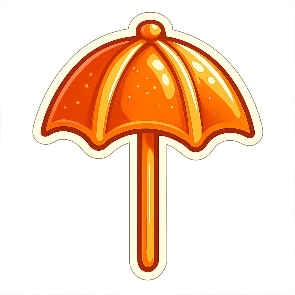 Convert the image to a playful, photorealistic dalgona candy in sticker style with a white border, shaped like an umbrella. The style should be sticker-like, playful, and photorealistic. emoji