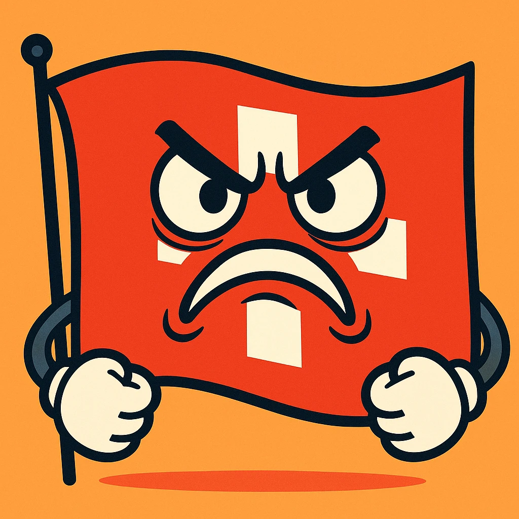 an angry Swiss flag with an exaggerated frown, animated style, vibrant colors emoji